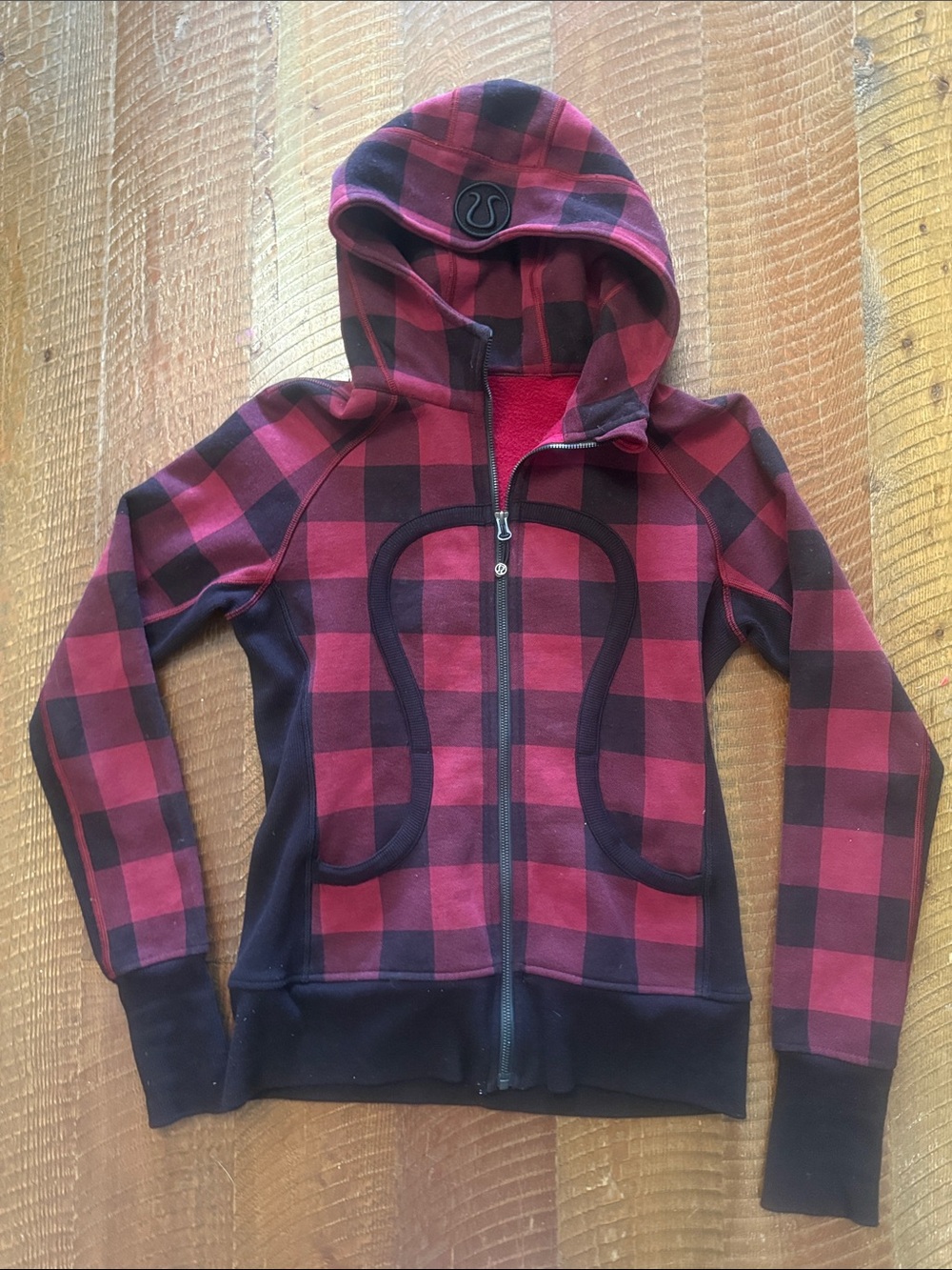 lululemon athletica Red and Black Plaid Hooded Zip-Up Jacket